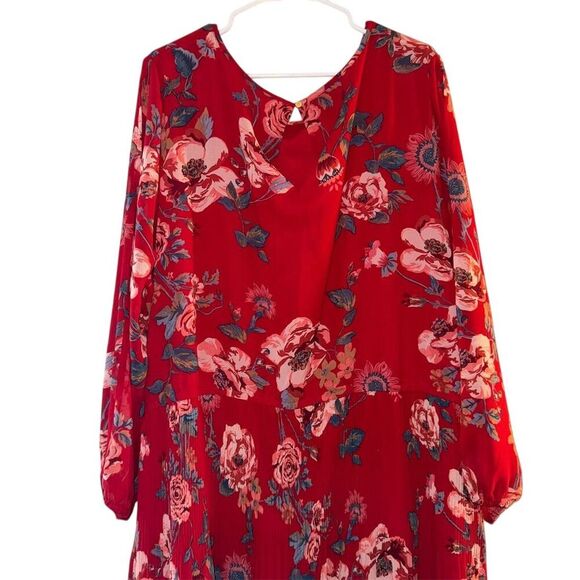 Ava & Viv Plus 4X Red Floral Midi Dress Long Sleeve V-Neck Casual - Picture 2 of 7